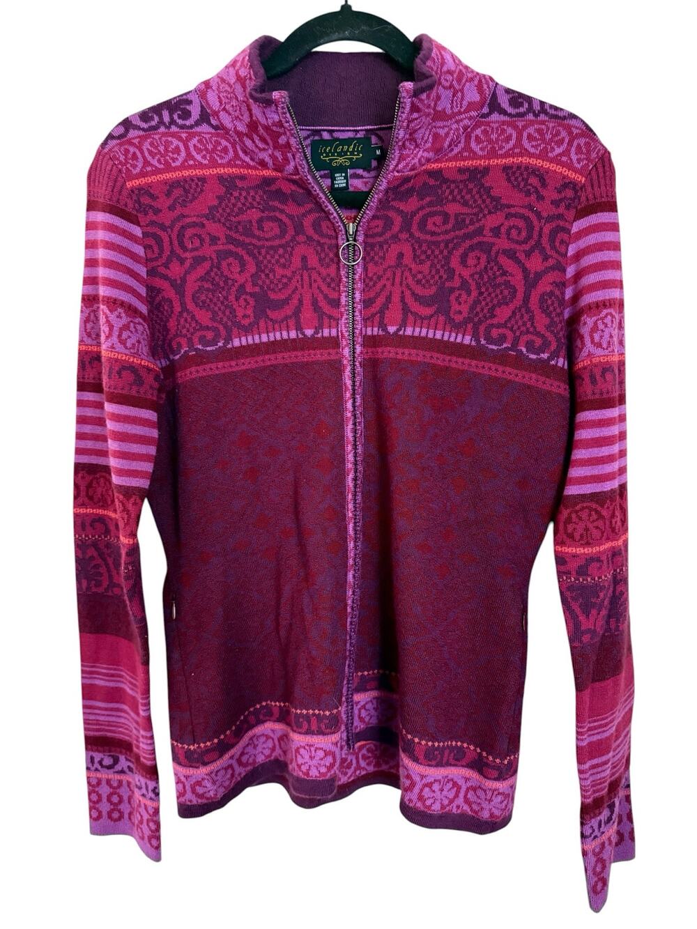 Icelandic Design Full Zip Mock Neck Sweater Womens M Pink Purple Fair Isle